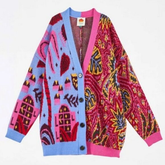 💕FARM RIO💕 Mixed Prints Cardigan  ~ Blue Tropical Magic + Tropical Stripes NWT - Picture 1 of 16